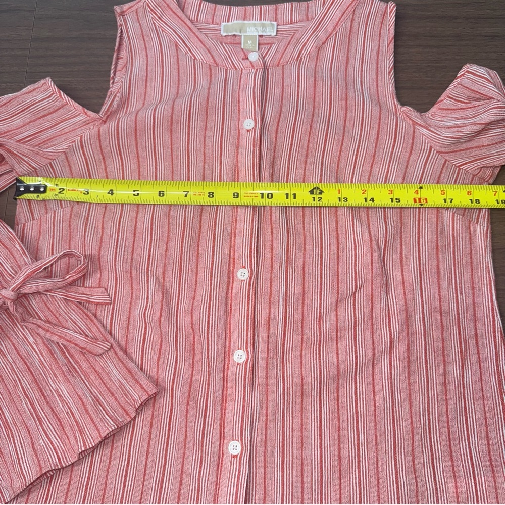 Michael Kors‎ Button Blouse Womens Med Orange White Stripped Cold Shoulder Shirt - Picture 12 of 13